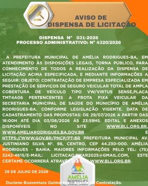 AVISO DE DISPENSA DE LICITAÇÃO Nº 031-2026