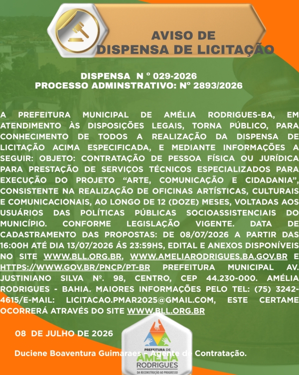 AVISO DISPENSA DE LICITAÇÃO Nº 029-2026
