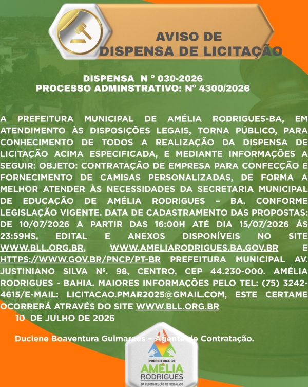 AVISO DE DISPENSA DE LICITAÇÃO Nº 030-2026